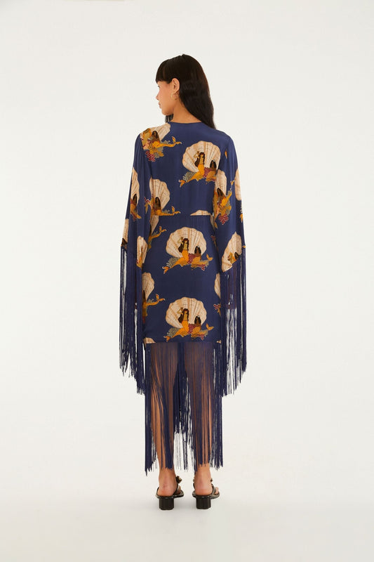 Navy Blue Printed Fringe - Trimmed Wrap Dress