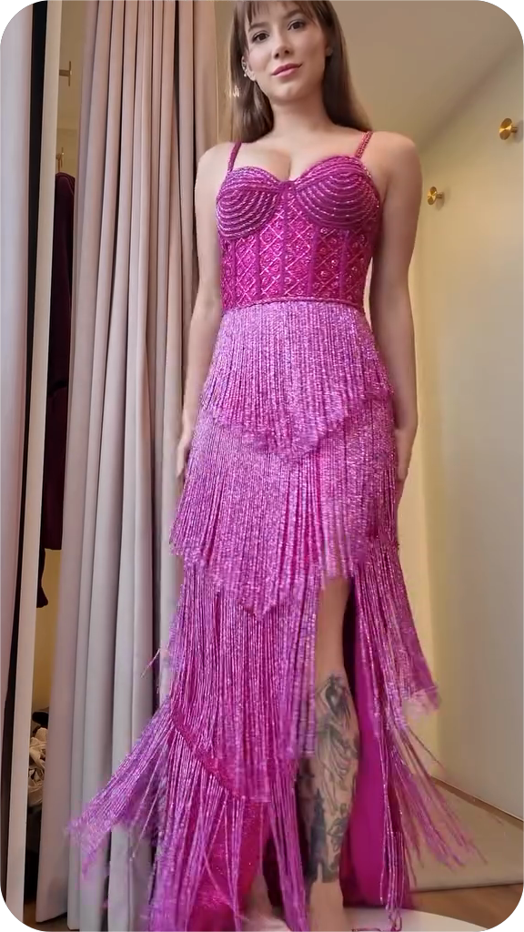 Hot Pink Beaded Fringe Maxi Dress