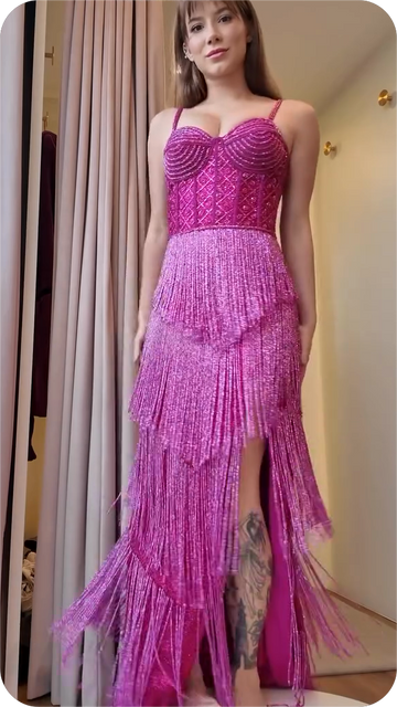Hot Pink Beaded Fringe Maxi Dress