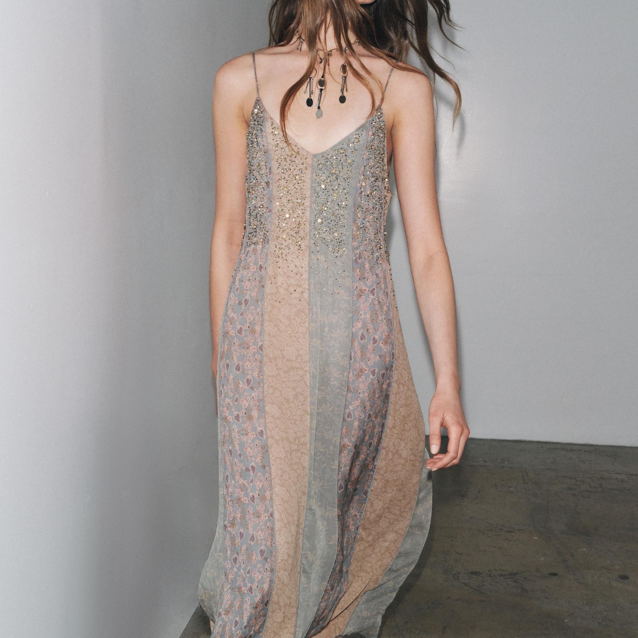 Beaded Patchwork Print Slip Maxi Dress