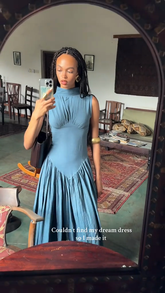 Blue Mock Neck Ruched Midi Dress