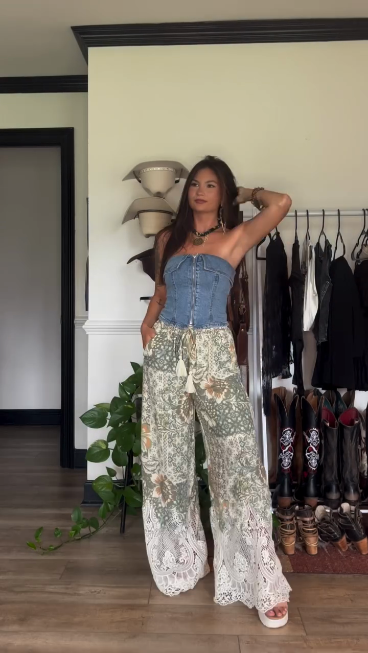 Denim Tube Top & Floral Lace Wide - Leg Pants Set