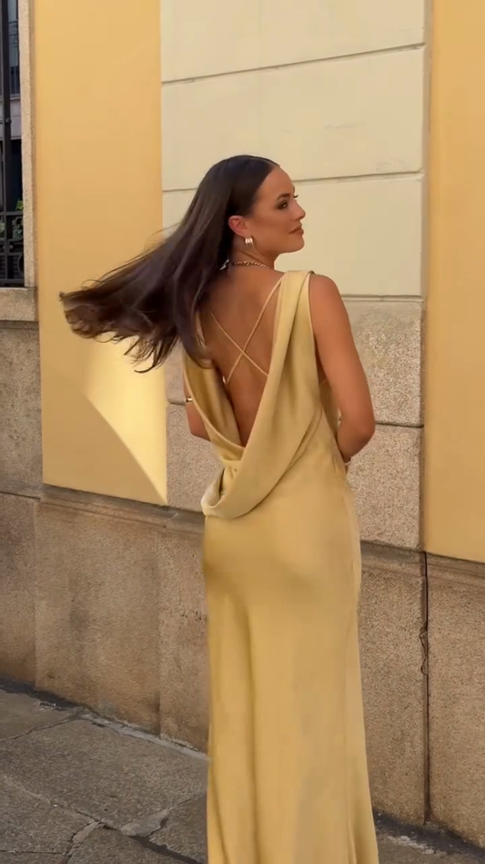 Gold Satin Cowl Neck Maxi Dress