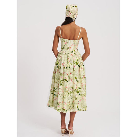 Light Green Floral Print Sweetheart - Neck Midi Dress