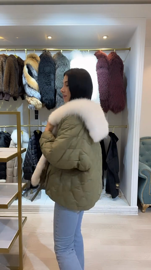 Olive Green Puffer Jacket with White Faux Fur Trim