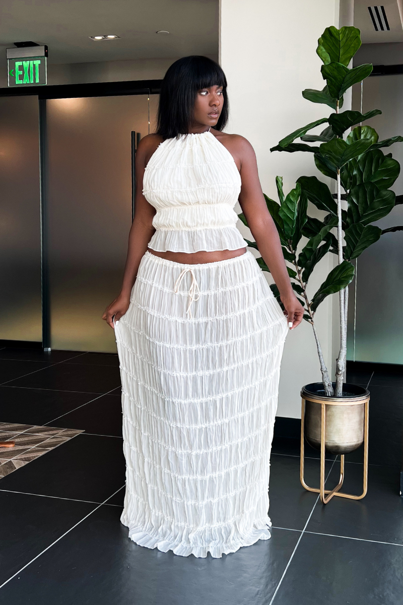 White Halter Peplum Top and Maxi Skirt Set