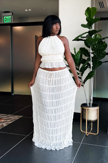 White Halter Peplum Top and Maxi Skirt Set