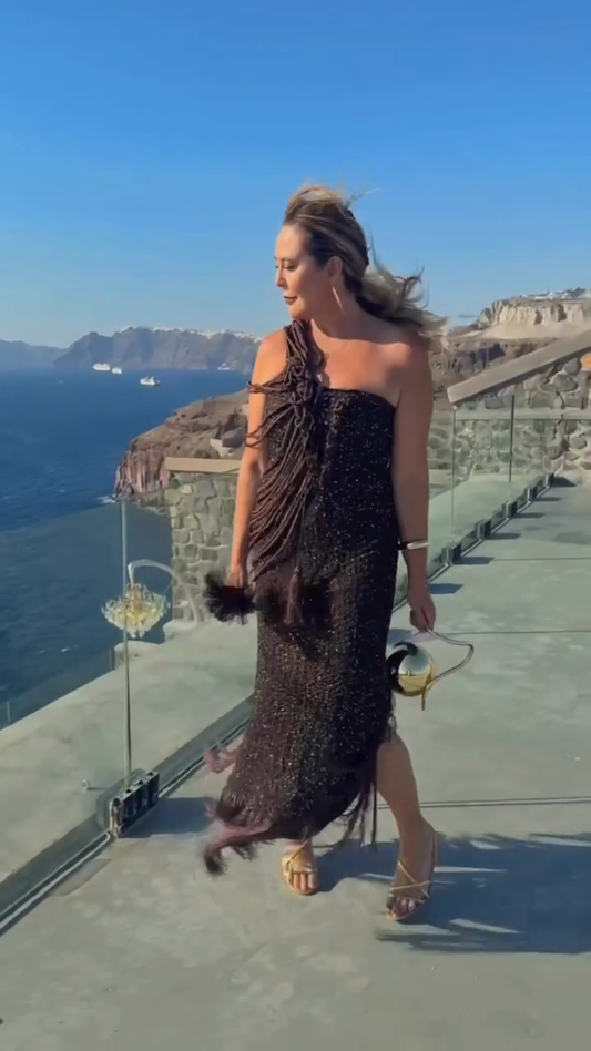 Brown One - shoulder Beaded Fringe Maxi Dress