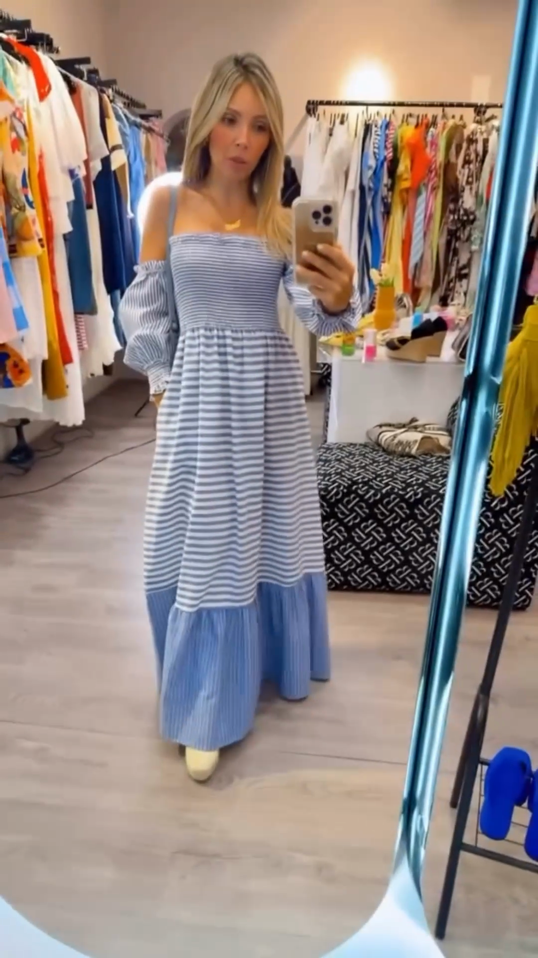 Blue and White Striped Off - the - Shoulder Maxi Dress