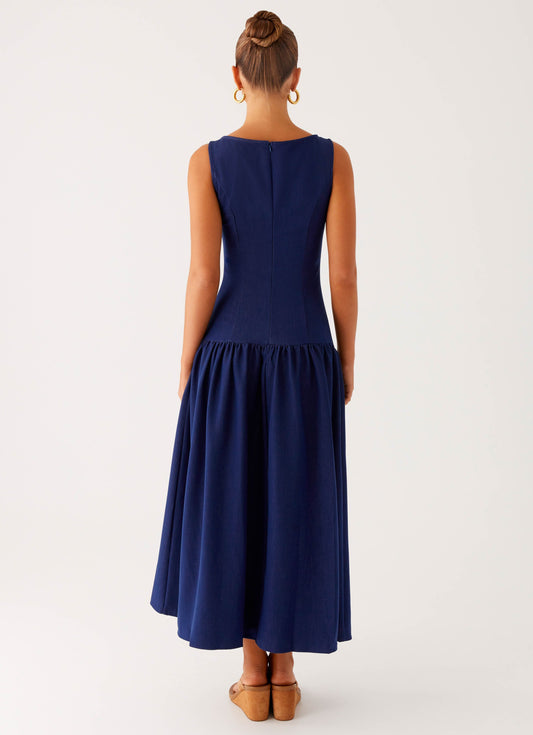 Navy Blue Sleeveless Button - Front Midi Dress