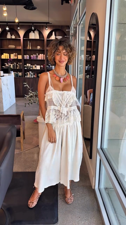 White Lace - Top & Wide - Leg Pants Set