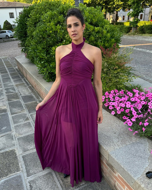 Plum Halter - Neck Chiffon Maxi Dress