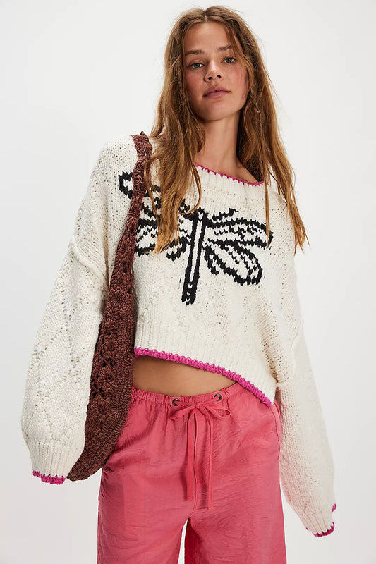 White Cropped Knit Sweater with Dragonfly Design