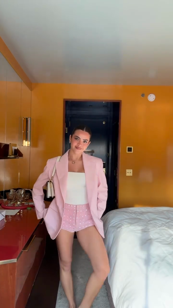 Pink Oversized Blazer, White Tube Top & Embellished Shorts Set