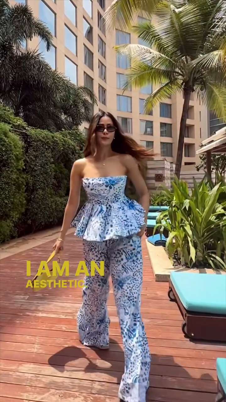 Blue - White Printed Strapless Peplum Top & Flared Pants Set