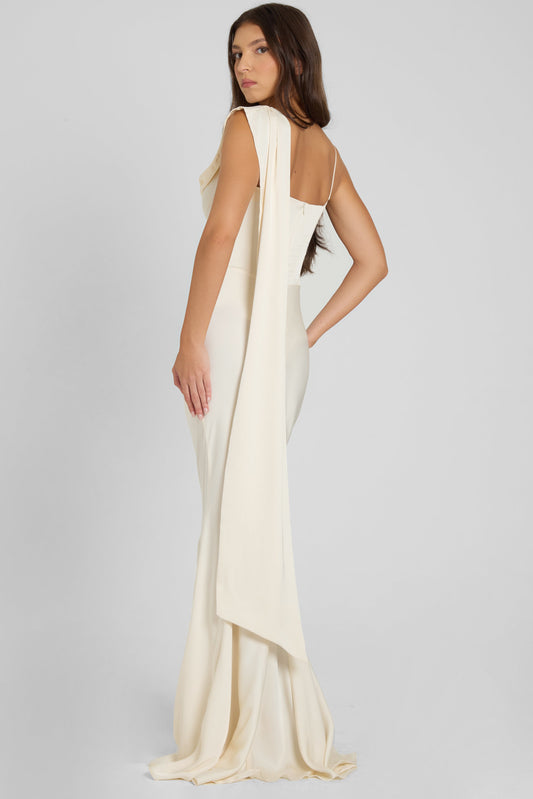 Asymmetric Drape Gown with Floral Accent