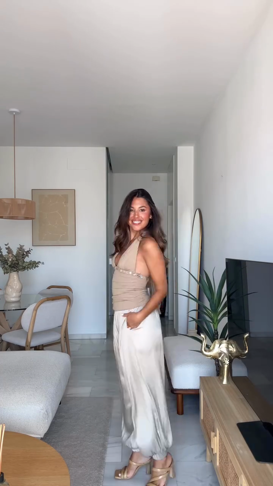 Beige Halter - Neck Top with White Harem Pants