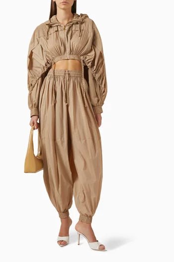 Beige Cropped Jacket and Wide - Leg Pant Set
