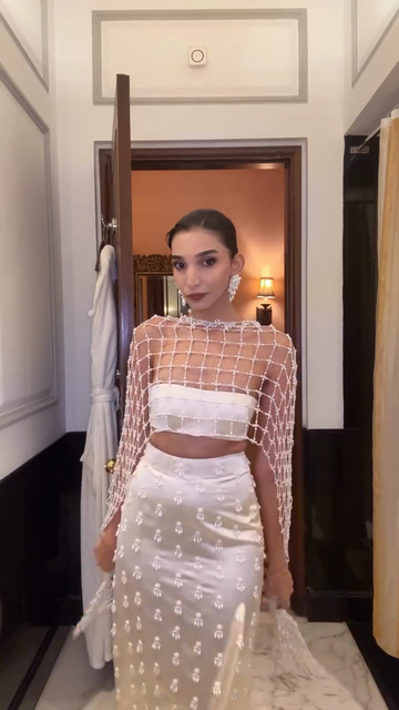 Pearl Embellished Cropped Skirt and Top Set