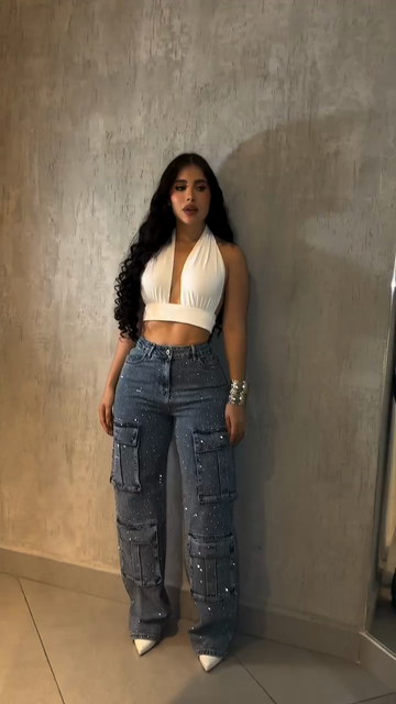 Embellished Wide - Leg Denim Cargo Pants