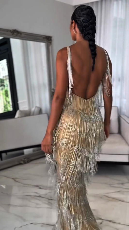 Gold Fringe - Trimmed Maxi Dress