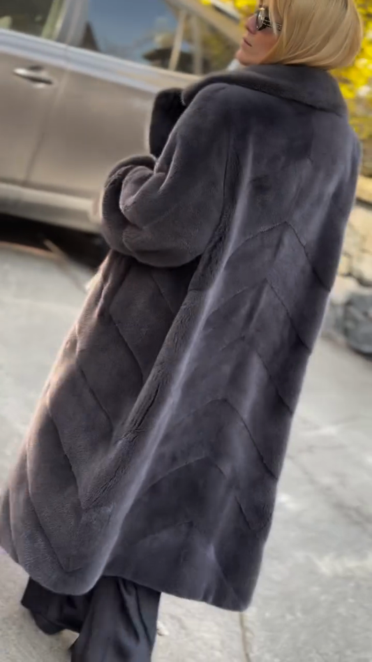 Black Herringbone - Patterned Fur Coat