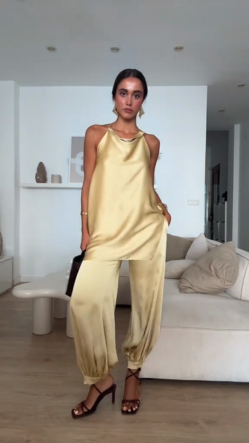 Gold Satin Halter Neck Top & Pants Set