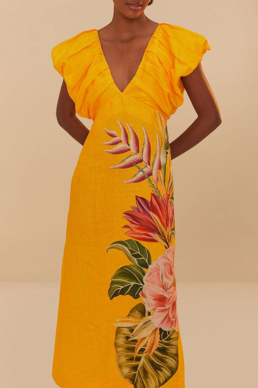 Yellow Floral Print Puff Sleeve Midi Dress