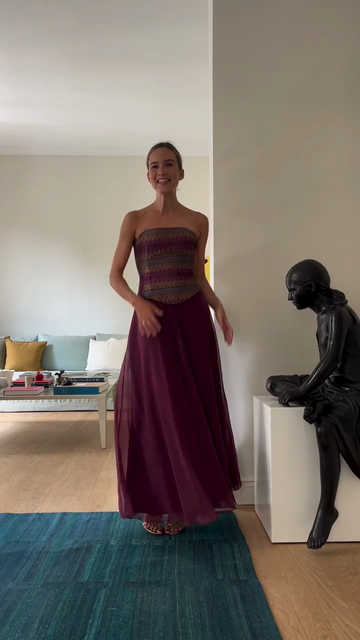 Burgundy Strapless Maxi Dress with Patterned Bodice