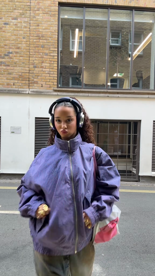 Oversized Purple Striped Zip - Up Jacket