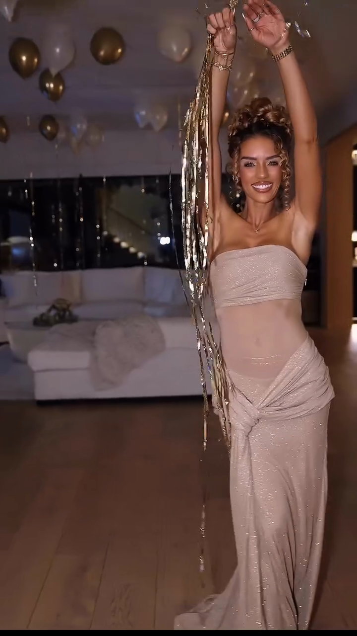 Beige Shimmering Strapless Maxi Dress