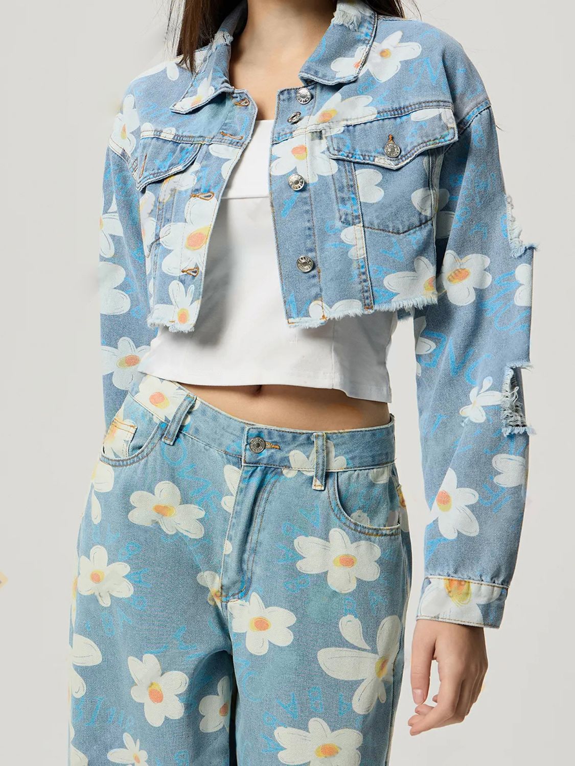 Daisy - Printed Cropped Denim Jacket & Jeans Set