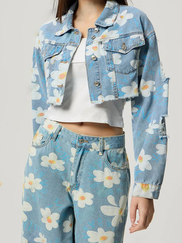 Daisy - Printed Cropped Denim Jacket & Jeans Set