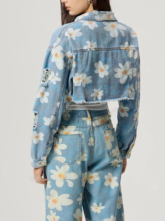 Daisy - Printed Cropped Denim Jacket & Jeans Set