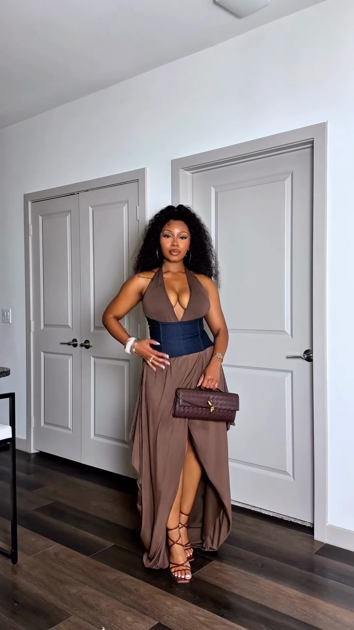 Brown Halter Maxi Dress with Corset Detail