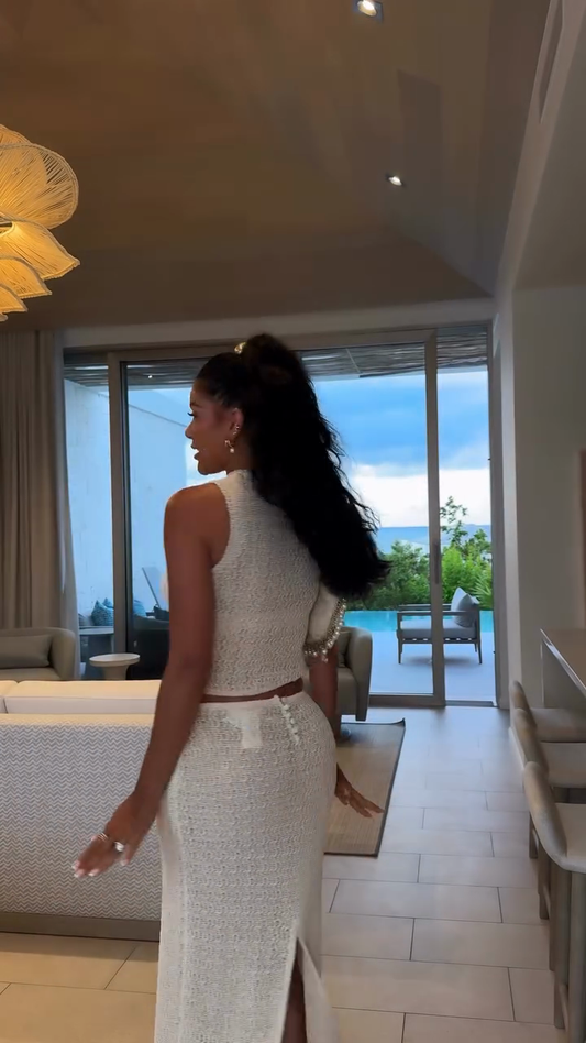 Ivory Crochet Sleeveless Crop Top and Midi Skirt Set