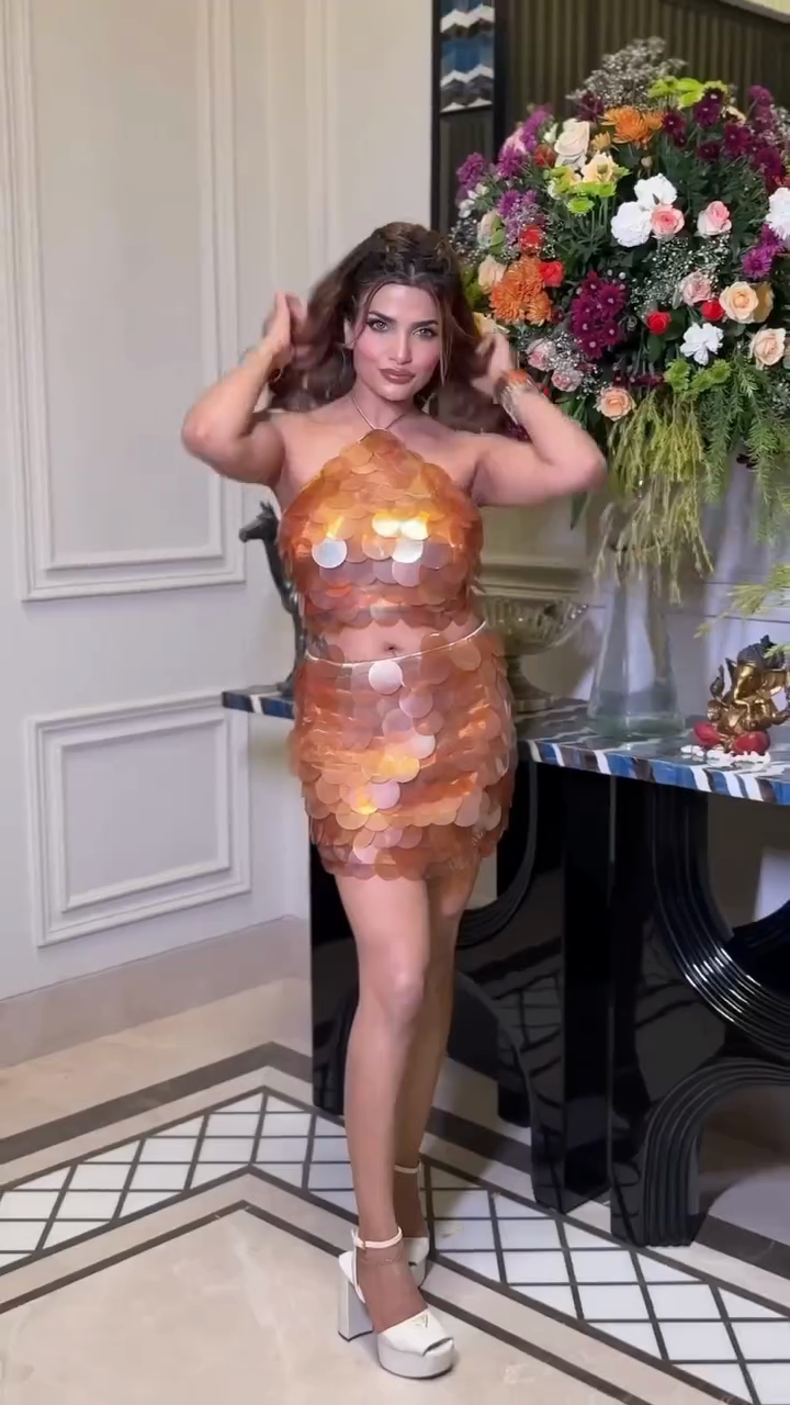 Copper - Toned Sequined Halter Crop Top and Skirt Set