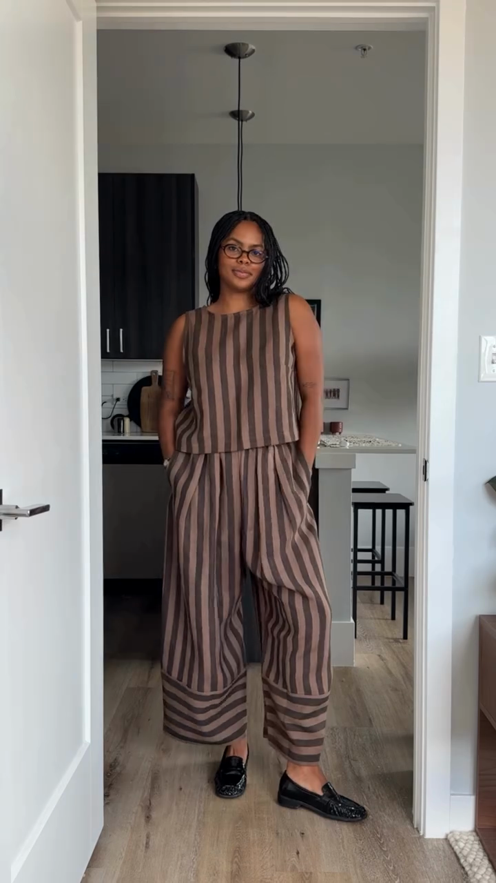 Brown and Black Striped Sleeveless Top and Wide - leg Pants Set