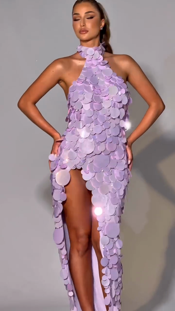 Lavender Halter Neck Sequin Maxi Dress