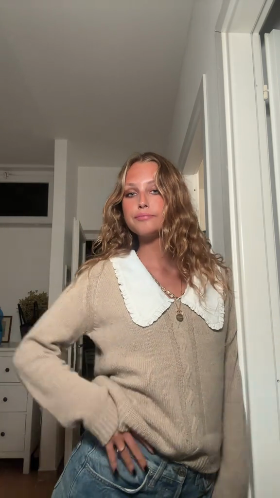 Beige Cable - Knit Sweater with White Peter Pan Collar