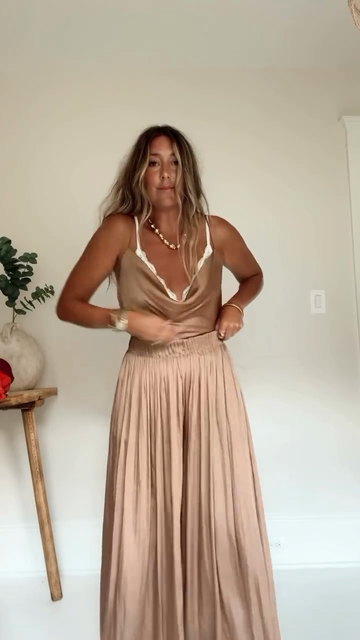 Beige Satin Camisole and Wide - Leg Pants Set