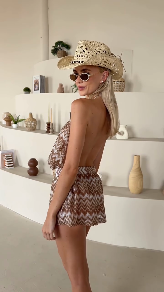 Brown and White Chevron - Print Halter Romper