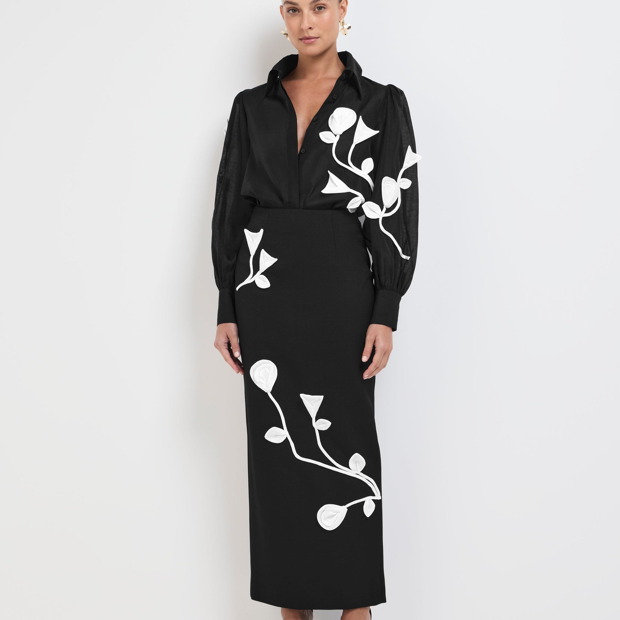 Black and White Floral - Applique Shirt & Maxi Skirt Set
