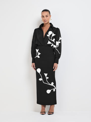 Black and White Floral - Applique Shirt & Maxi Skirt Set