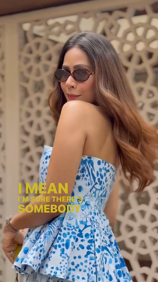 Blue - White Printed Strapless Peplum Top & Flared Pants Set