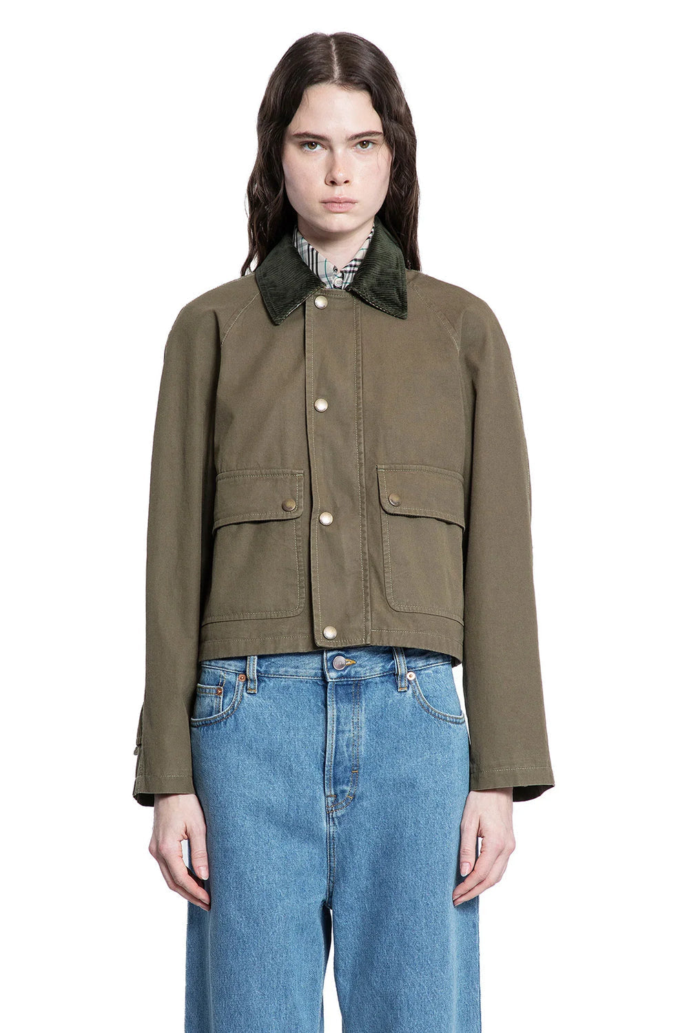 Olive Green Cropped Jacket with Corduroy Collar