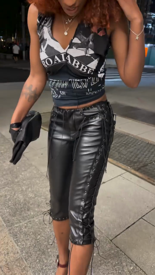 Black Leather Lace  Up Capri Pants