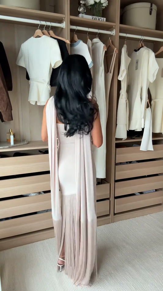 Off-the-shoulder fringe maxi dress