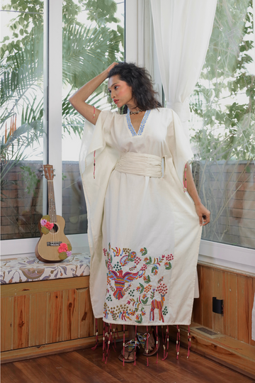 Embroidered White Kaftan Dress with Belt