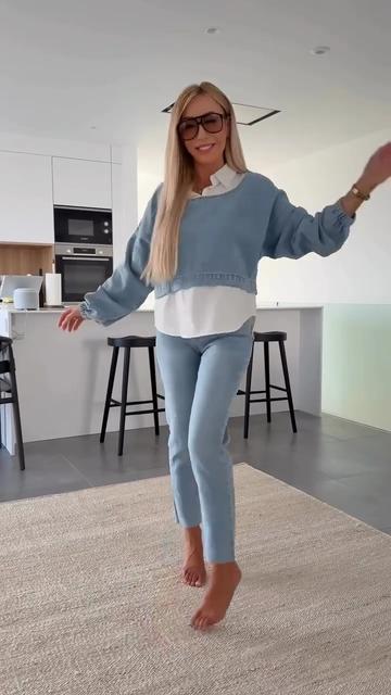 Light Blue Denim Patchwork Shirt Top and Jeans Set